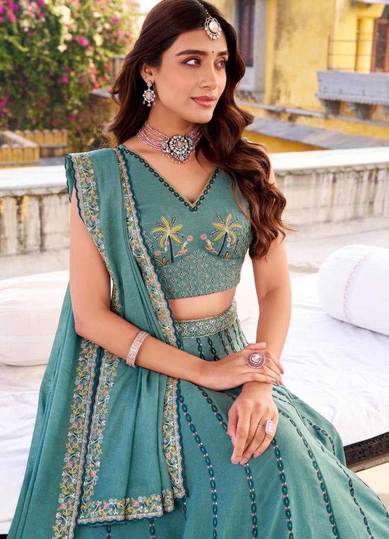 teal silk blend embroidered lehenga choli