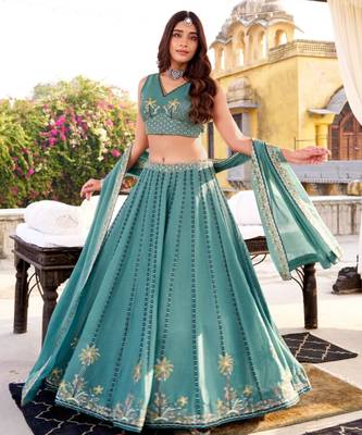 teal silk blend embroidered lehenga choli 1