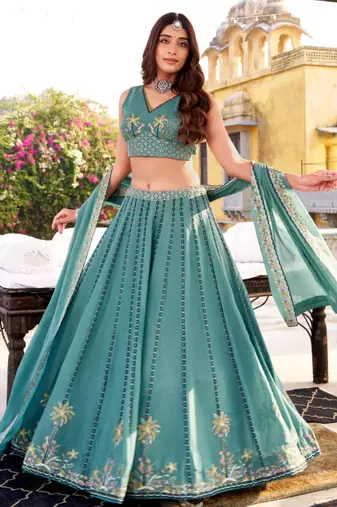 teal silk blend embroidered lehenga choli