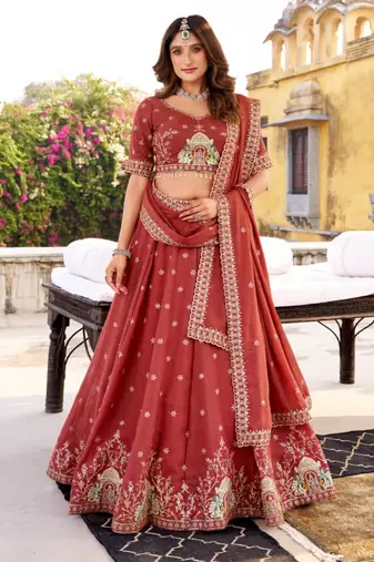 red silk blend embroidered lehenga choli