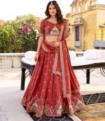red silk blend embroidered lehenga choli