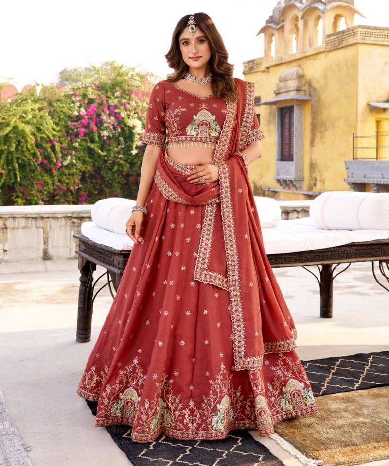 red silk blend embroidered lehenga choli