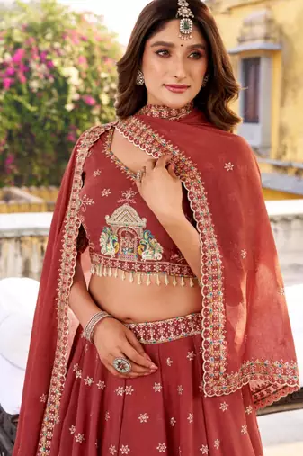 red silk blend embroidered lehenga choli