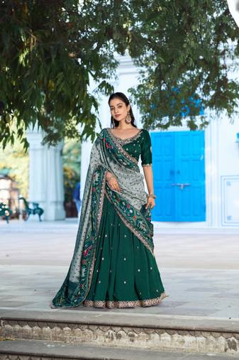 green silk blend embroidered lehenga choli