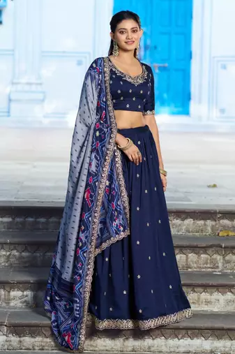 royal blue silk blend embroidered lehenga choli