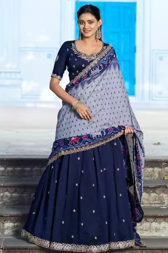 royal blue silk blend embroidered lehenga choli