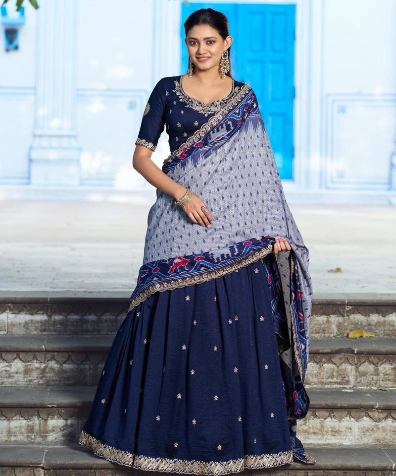 royal blue silk blend embroidered lehenga choli