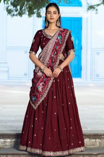 maroon silk blend embroidered lehenga choli