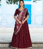 maroon silk blend embroidered lehenga choli