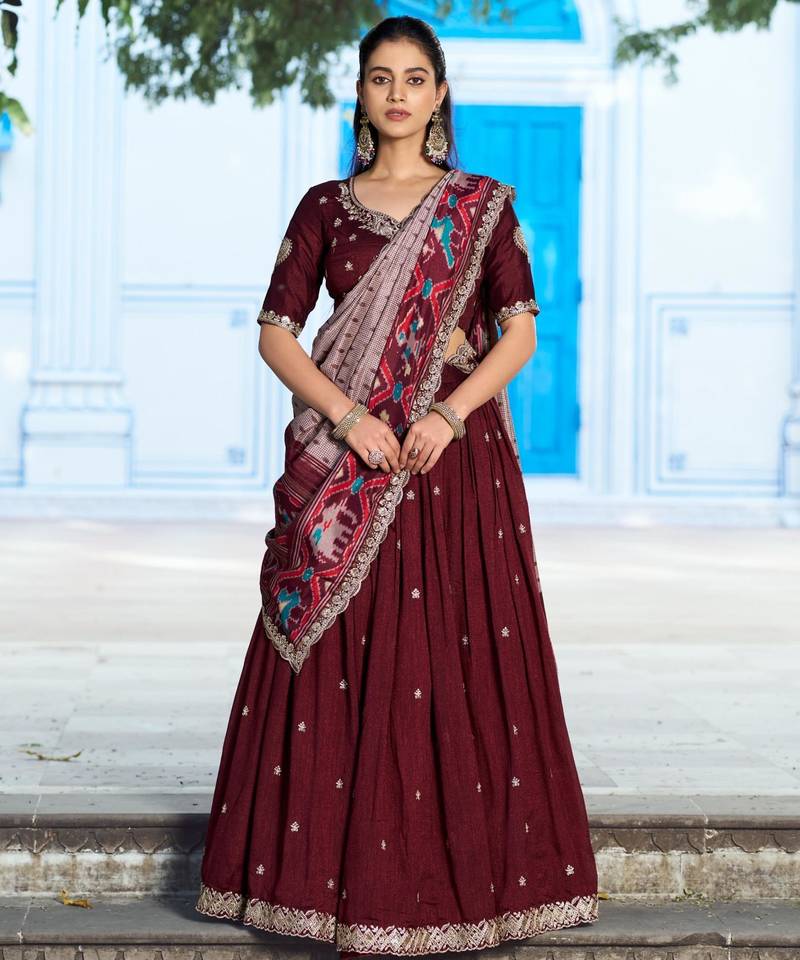maroon silk blend embroidered lehenga choli