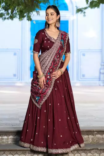 maroon silk blend embroidered lehenga choli