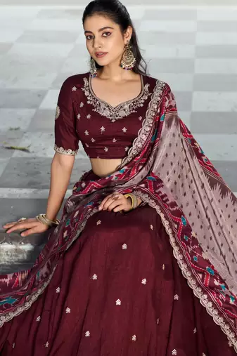 maroon silk blend embroidered lehenga choli