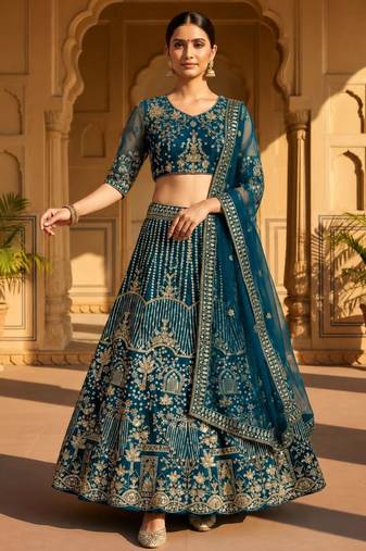 teal net embroidered lehenga choli