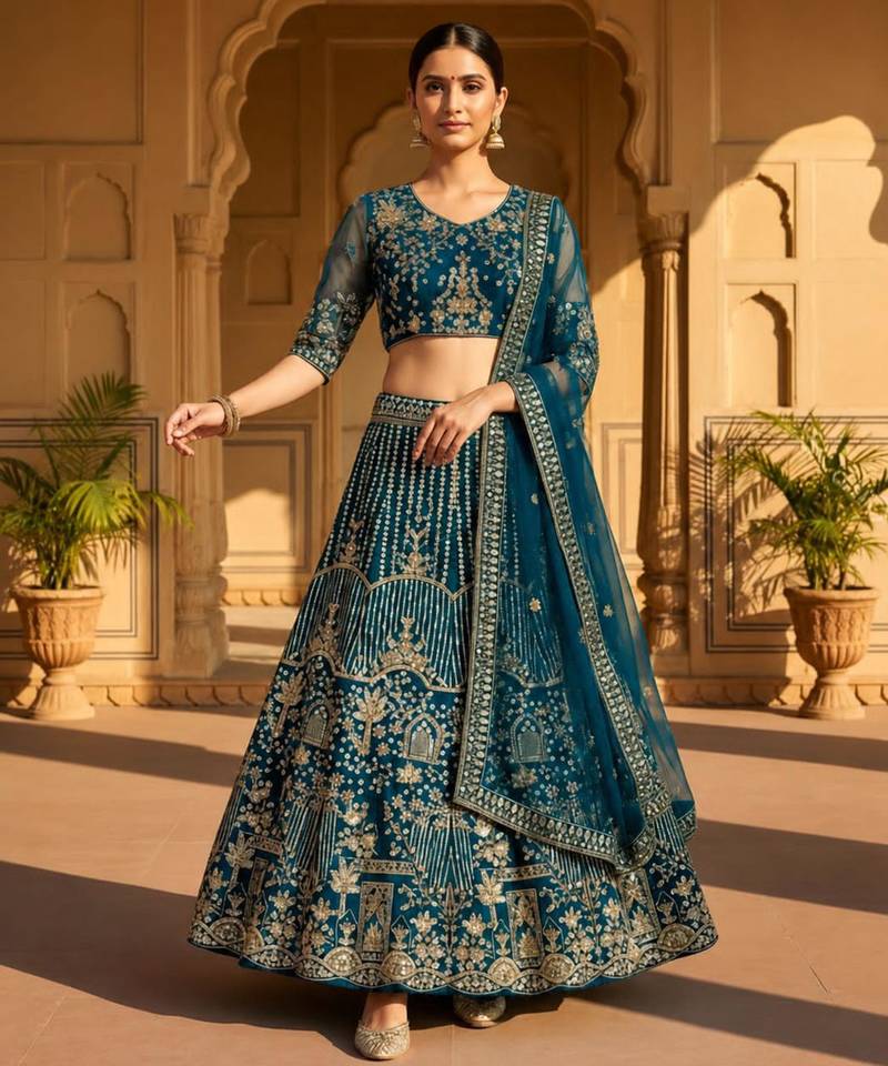 teal net embroidered lehenga choli