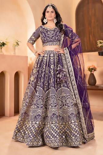 purple net embroidered lehenga choli