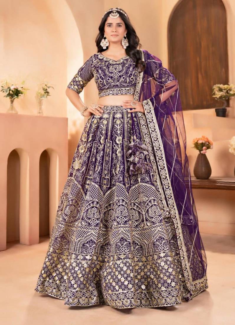purple net embroidered lehenga choli