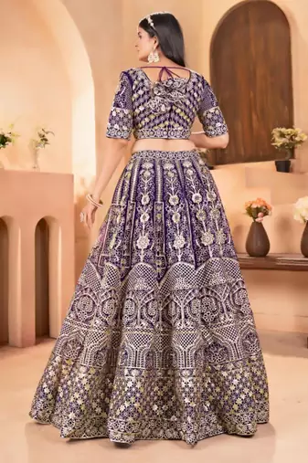 purple net embroidered lehenga choli