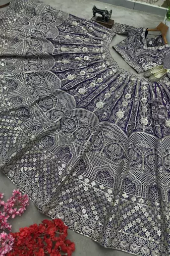 purple net embroidered lehenga choli