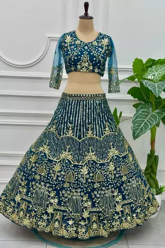 teal net embroidered lehenga choli