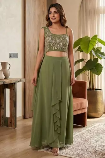 green georgette plain lehenga choli