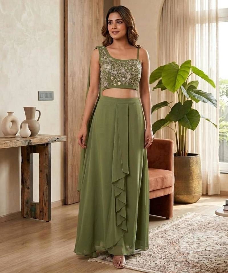 green georgette plain lehenga choli
