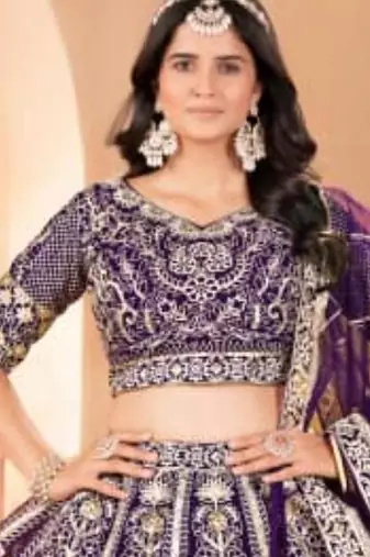 purple net embroidered lehenga choli