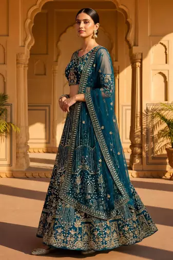 teal net embroidered lehenga choli