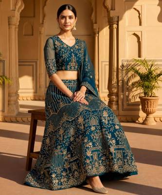 teal net embroidered lehenga choli 5