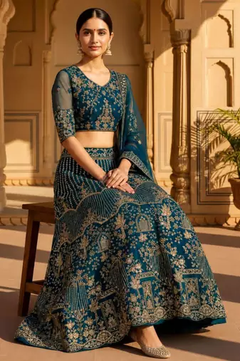 teal net embroidered lehenga choli