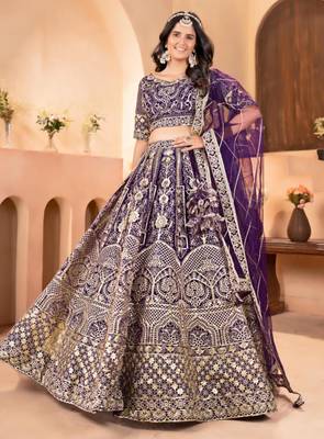purple net embroidered lehenga choli 5