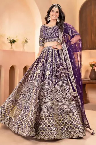 purple net embroidered lehenga choli