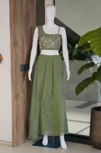 green georgette plain lehenga choli