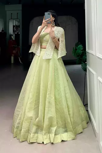 light parrot green silk blend plain lehenga choli