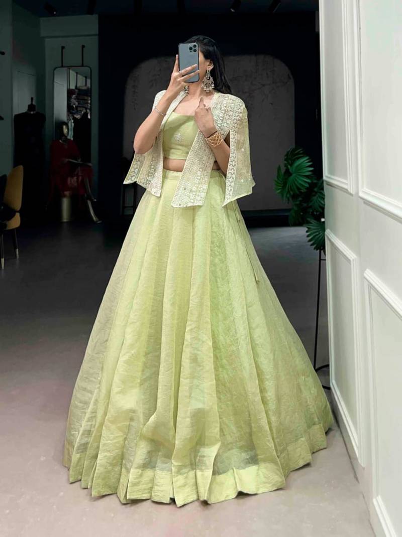 light parrot green silk blend plain lehenga choli