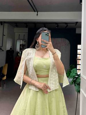 light parrot green silk blend plain lehenga choli with free size upto 42 2