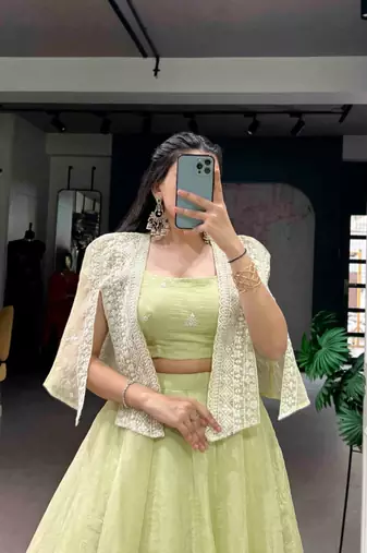 light parrot green silk blend plain lehenga choli