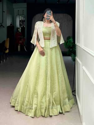 light parrot green silk blend plain lehenga choli with free size upto 42 3
