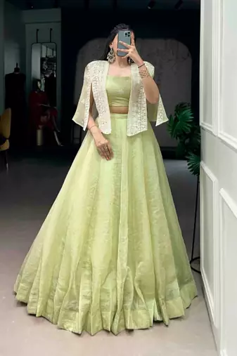 light parrot green silk blend plain lehenga choli