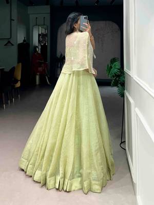 light parrot green silk blend plain lehenga choli with free size upto 42 4