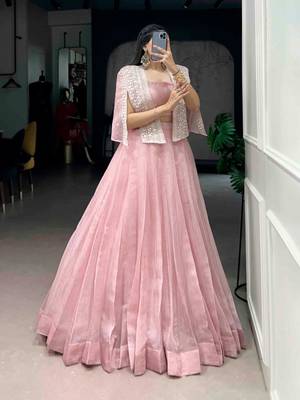 baby pink silk blend plain lehenga choli with free size upto 42 1
