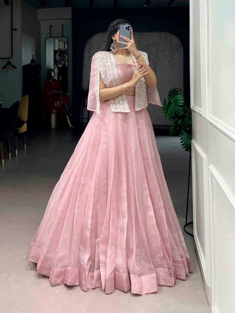 baby pink silk blend plain lehenga choli