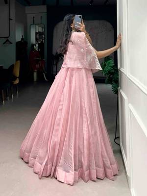baby pink silk blend plain lehenga choli with free size upto 42 2