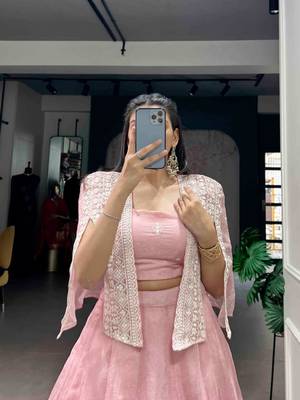 baby pink silk blend plain lehenga choli with free size upto 42 3