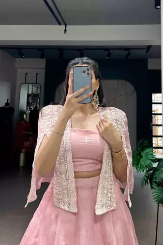 baby pink silk blend plain lehenga choli