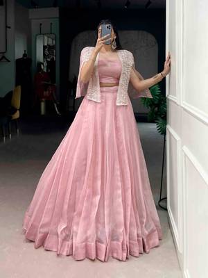 baby pink silk blend plain lehenga choli with free size upto 42 4
