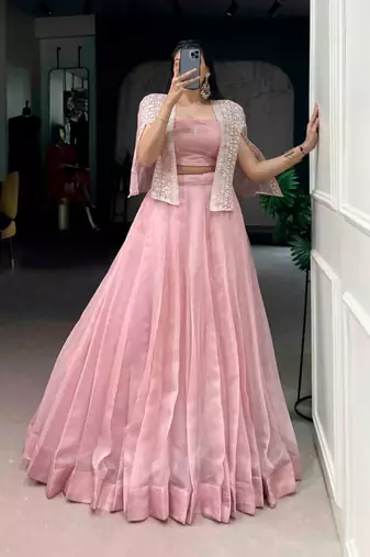 baby pink silk blend plain lehenga choli
