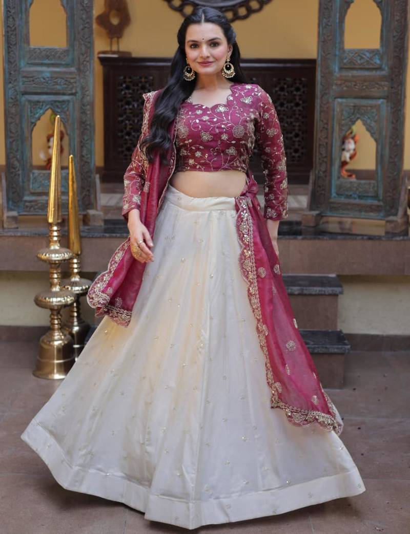 white silk blend embroidered lehenga choli