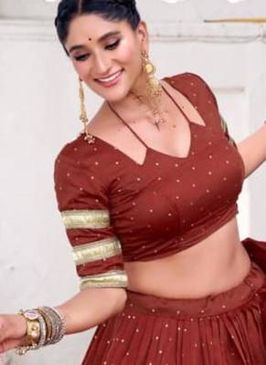 brown chanderi woven lehenga choli with free size upto 42 3