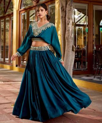 teal silk blend embroidered lehenga choli with free size upto 42 1