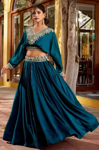 teal silk blend embroidered lehenga choli